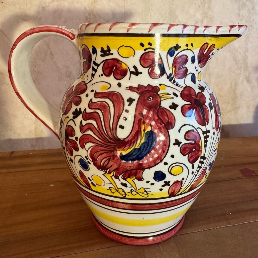 Vintage Deruta Signed Italy Red Rooster Pitcher; 6.5”; Handpainted Ceramic